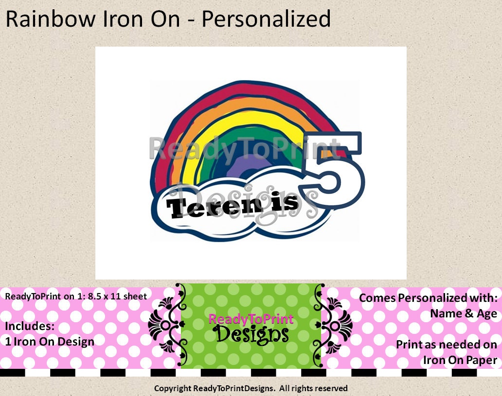 Rainbow 70's Style Iron on - Personalized With Name and Age - DIY Printable Party Decorations Il_570xn