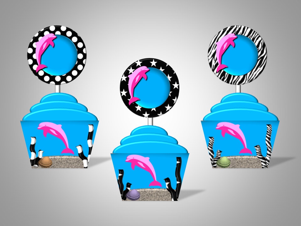 Sassy Dolphins Under the Sea Cupcake Wrappers & Toppers - Personalized With Name and Age - DIY Printable Party Decorations Il_570xn