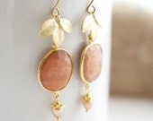 Bezel Set Earrings, Freshwater Pearls with Bezel Set Jaspers, Dangle Earrings