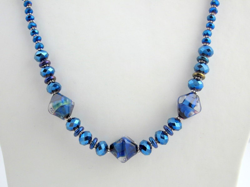 Dark Blue Beaded Necklace, Glass Beads Necklace, Beaded Jewelry, Women's Jewelry,  Beadwork Necklace, Lampwork Necklace