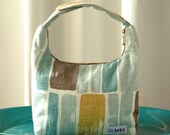 Lunch Bag Insulated, Women Lunch Bag,Fabric Lunch Bag, Brush Stroke Pattern in Shades of Sky Blue, Brown and Mustard