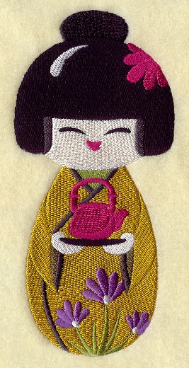 Kokeshi Japanese Geisha with Tea - Embroidered Decorative Linen Kitchen Towel or Absorbent White Cotton Flour Sack Towel