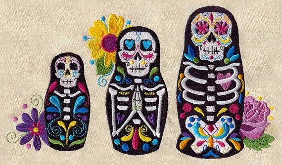 Dia De Los Muertos Matryoshki Nesting Dolls - Embroidered Decorative Linen Kitchen Towel or Flour Sack Towel