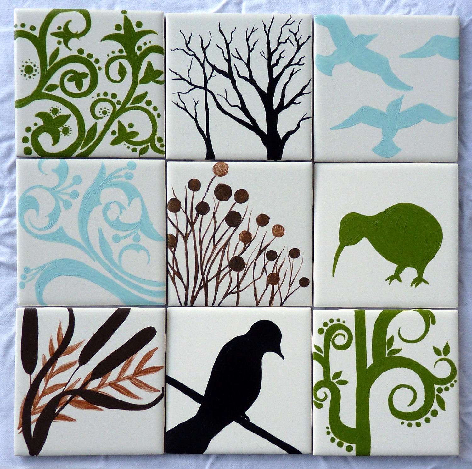 Set of Nine (9) Nature-Themed Hand-Painted Ceramic Tiles