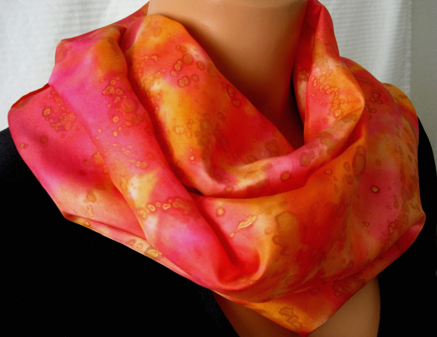 Summer Sunset Scarf. Hand Dyed Silk Scarf in Fuchsia, Citron Yellow & Tangerine. 11x60 inch Silk Scarves. Hand Painted Womens Silk Scarf.