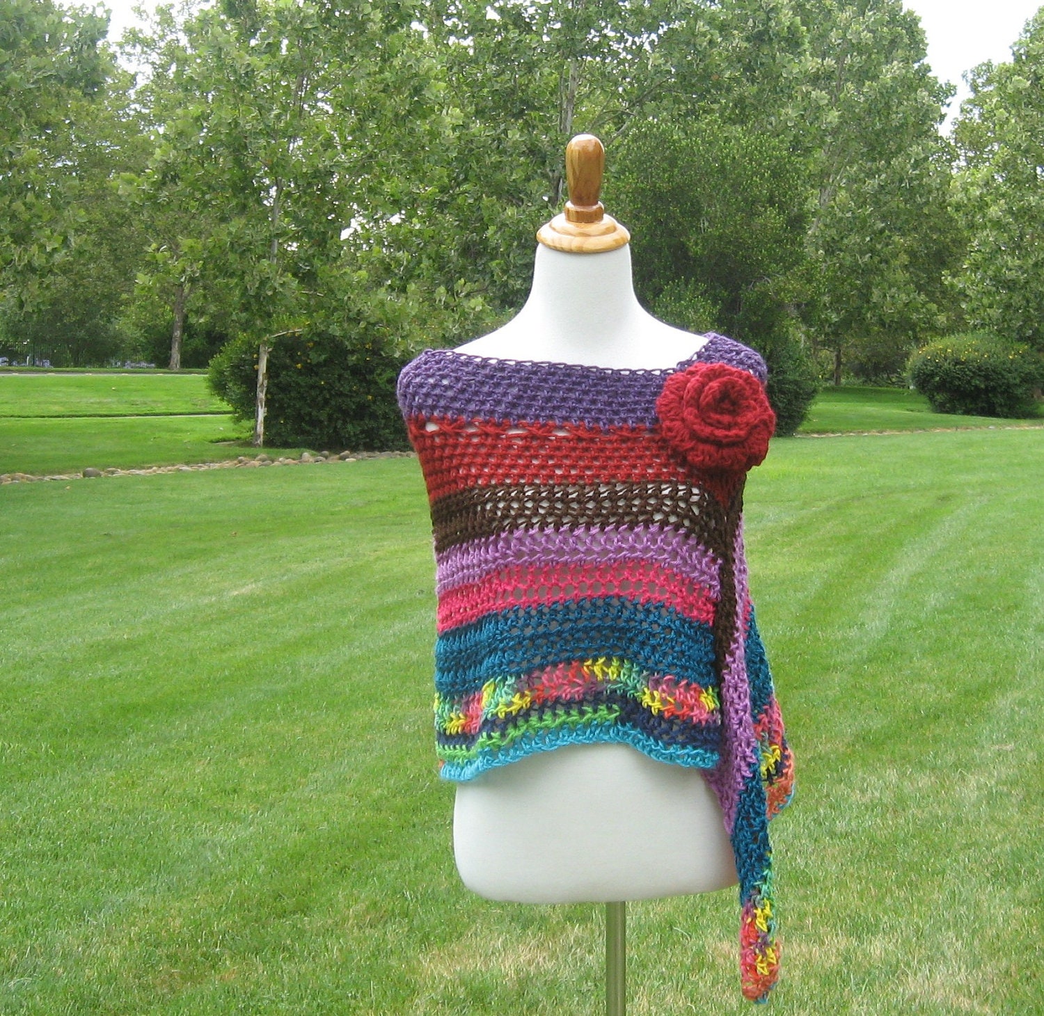 MULTICOLOR STRIPES PONCHO Crochet Poncho Purple Red Brown Pink Hot Pink Teal Turquoise Fall Winter 2012- 2013 Hippie Fashion Chic Modern