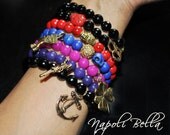 2 ARM CANDY Charm Beaded Stackable Bracelets Nefertiti,  Lady Bug, Buddha, Hand cuffs, Gun, Clover
