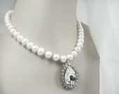 Bridal Pearl Necklace w Pear Rhinestone Drop Pendant Luxe Statement Wedding Jewelry