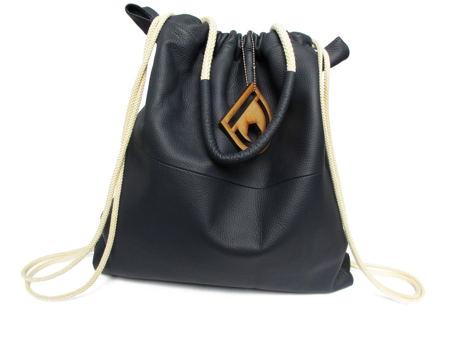 Leather Backpack, Hipster bag, Gym bag, Navy Color, JUD Hand made