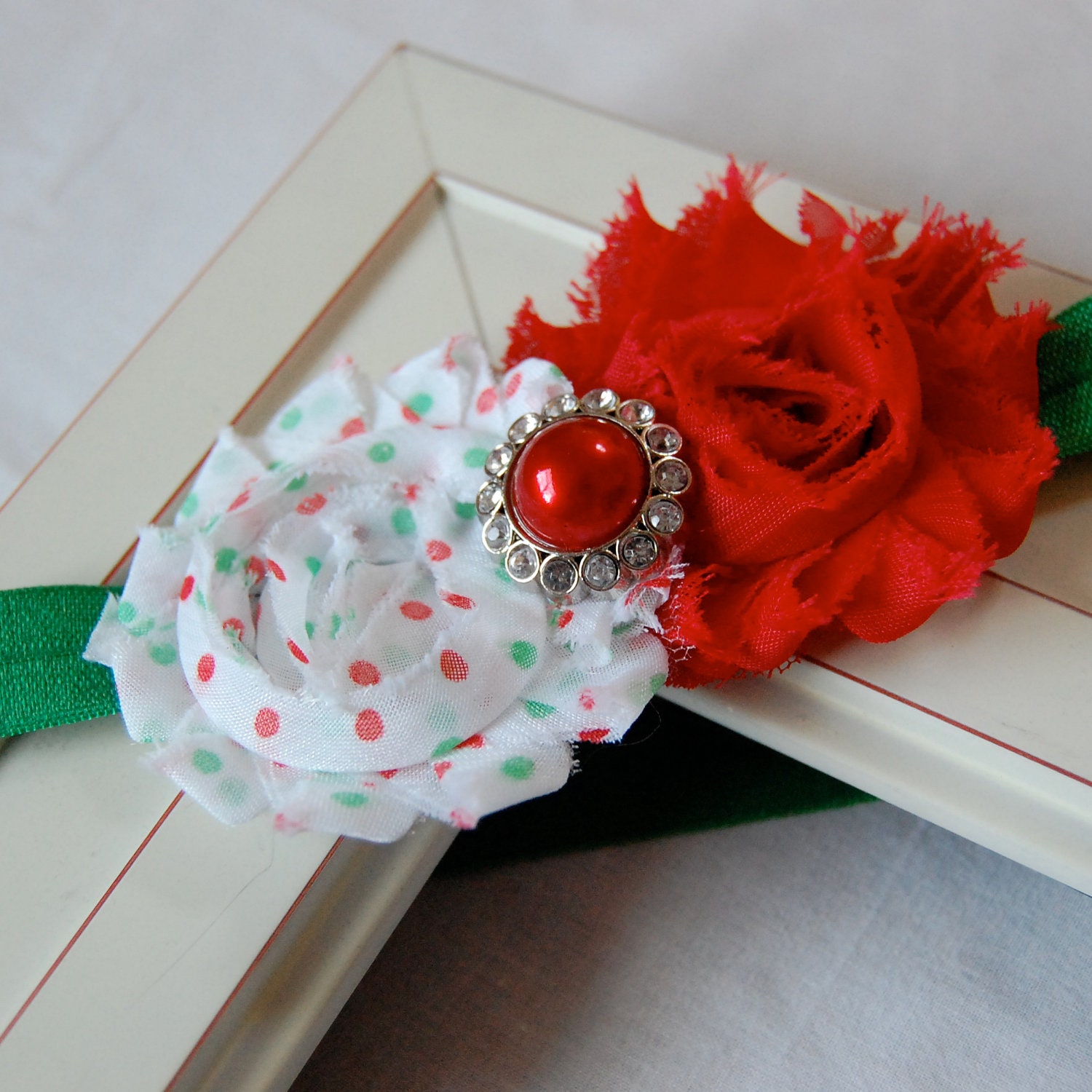Christmas Headband - Red and Green Dots with Solid Cherry Red - Rhinestone Center - Double Shabby Rose Headband - Baby to Toddler Headband