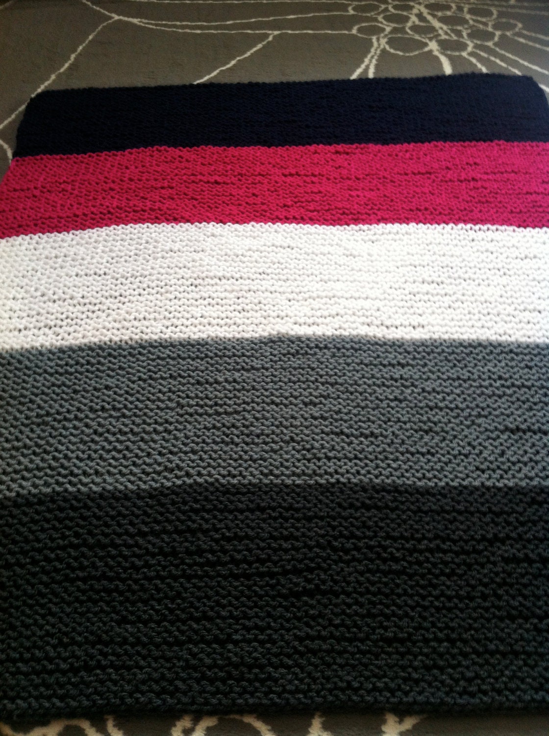 Hand Knit Baby Blanket, Charcoal Gray, Silver Grey, White, Berry & Navy, Stripes, Simple, Modern, Free Shipping in US