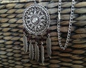 Dreamcatcher Necklace with Garnet Stones and Tibet Silver Feathers - Handmade Dream Catcher