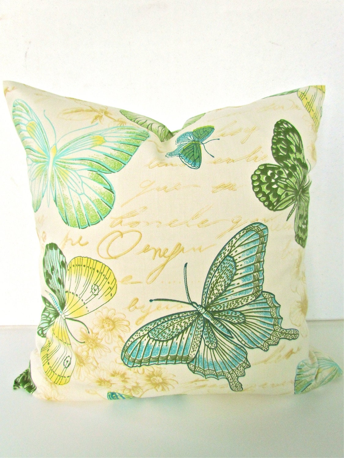 THROW PILLOW COVER 12x16 Green Turquoise Designer Decorative Throw Pillows Butterfly 12 x 16 Yellow Tan Modern Script Home decor