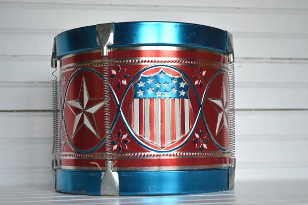 Vintage 1960s Patriotic Tin Toy Drum Stars and Stripes