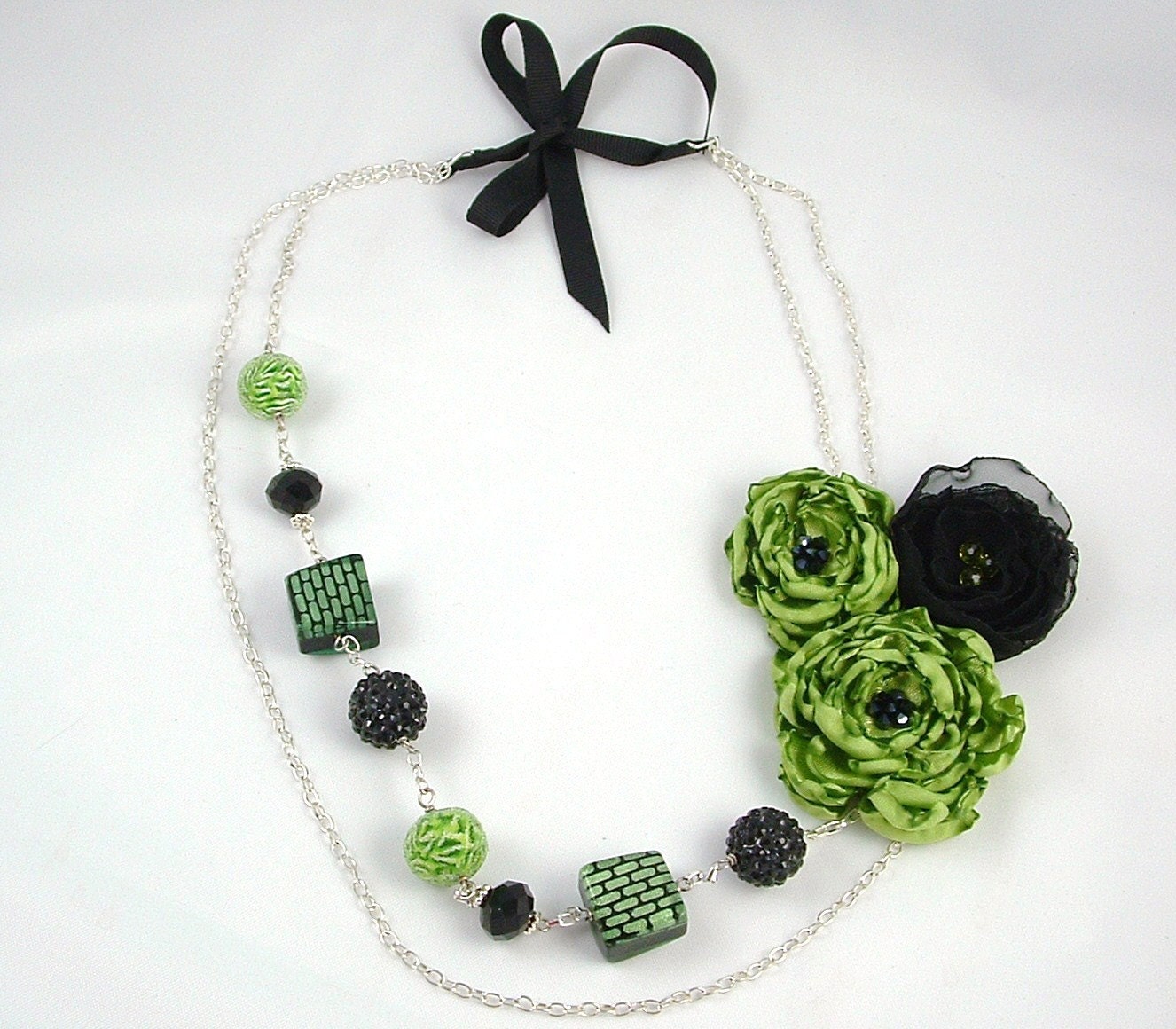Green and black Statement Flower Fabric Necklace, Unique Jewelry
