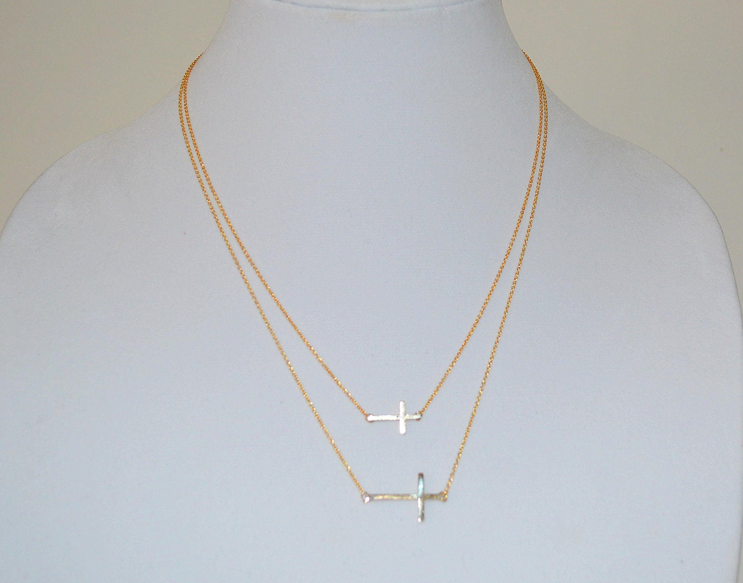 SALE- Double Sideway Cross Necklace- CELEBRITY INSPIRED- Cross Gold Necklace- Ships Now