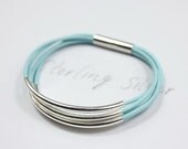 Sterling silver tubes bracelet, baby blue leather bracelet, silver plated magnetic clasp