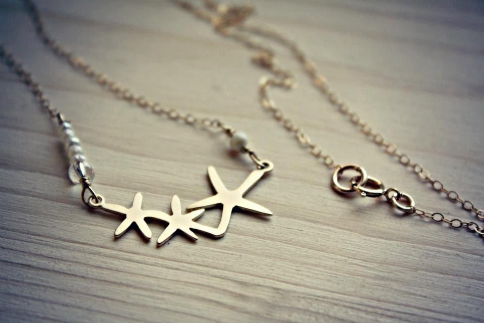 14k Matted Gold Plated Starfish Necklace on a Gold Filled Chain with Fresh Water Pearls and One Glass Facet Bead for Detail