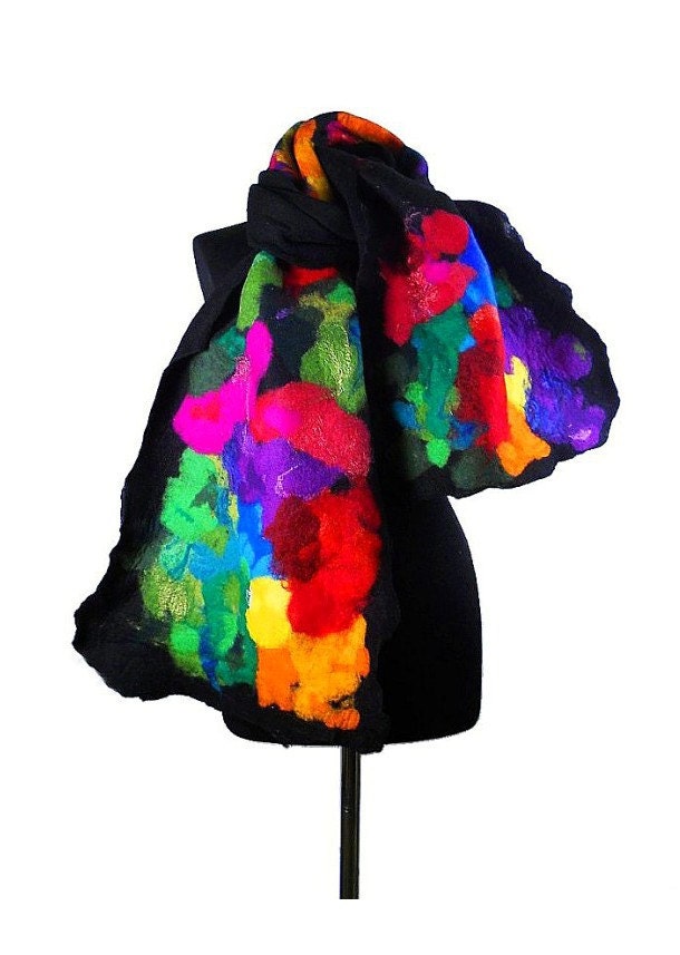 Black Scarf Felted Scarf Multicolor scarf ART DECO Wrap Artistic Shawl Nuno felt Scarves Felt noir multicolor Nuno felt wearable art