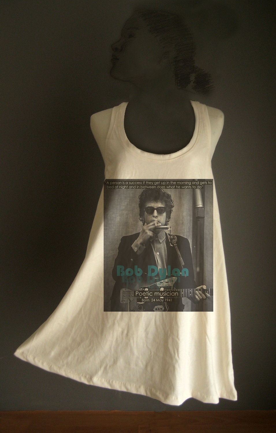 Retro Bob Dylan White Organic Cotton T-Shirt Tee Tank Top Tunic Vest Size M/L