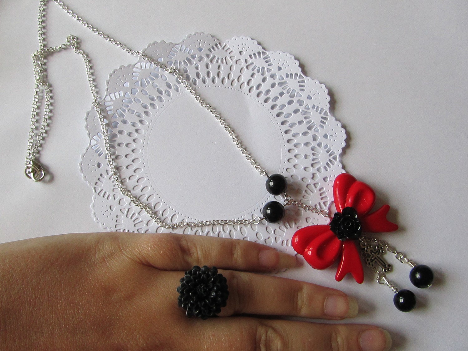 Wow Rockabilly Goth Emo with this stunning hot Red Bow necklace and Ring set perfect stocking filler