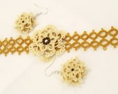 Tatting bracelet and earrings set in beige and hazelnut color- Flower Lady in Brown - tatted lace bracelet and earrings set