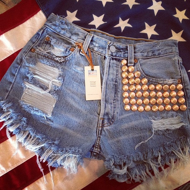 Levis high waist destroyed denim shorts super frayed with lots of ROSE GOLD studs size Med