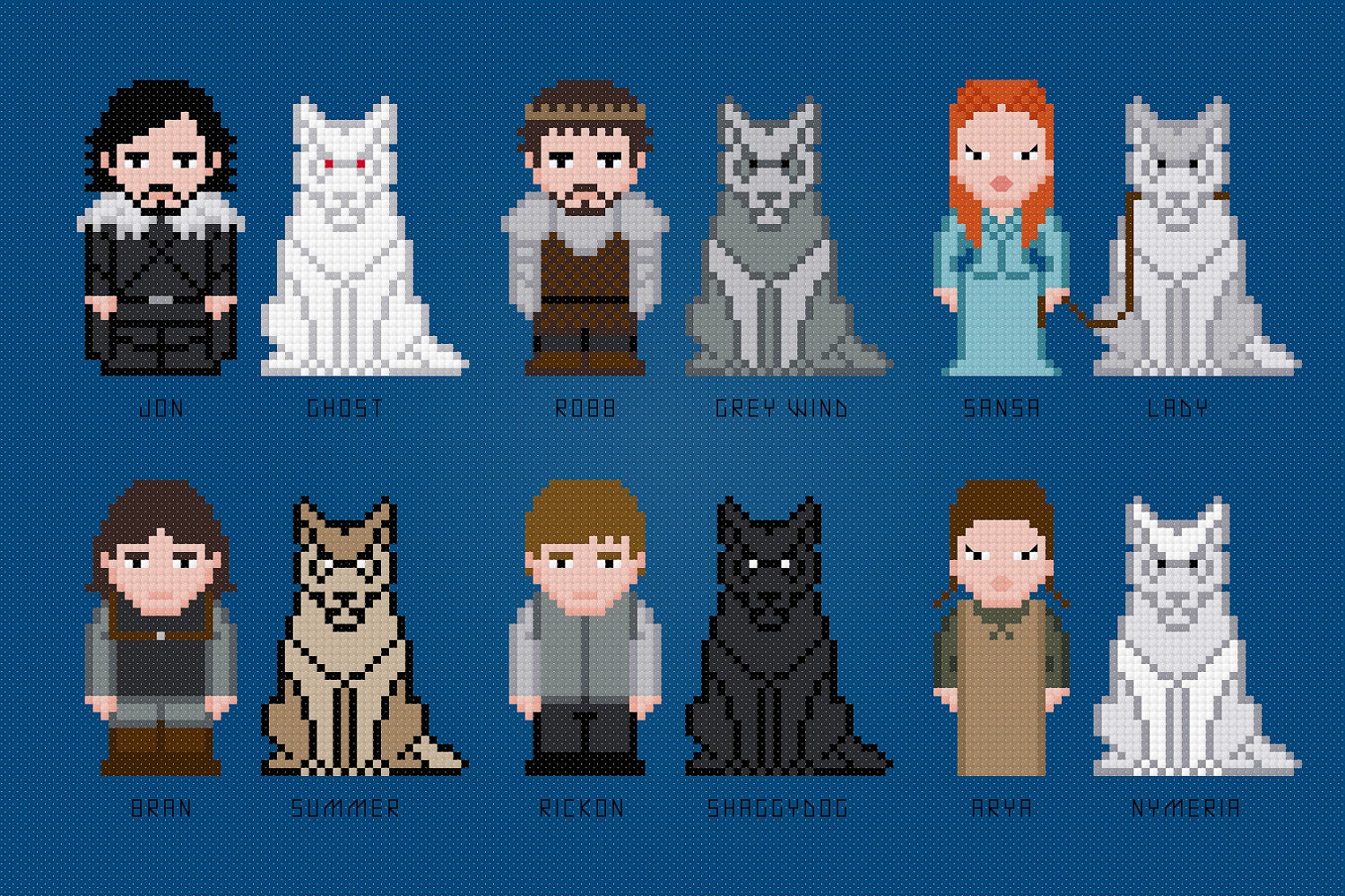 Game Of Thrones Characters - The Starks and their wolves - Cross Stitch PDF Pattern Download