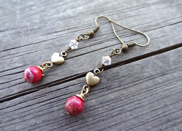 Bronze Red Sea Sediment Jasper Heart Love Crystal Bead dangle handmade Earrings Jewelry Earring Pink