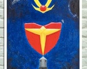 Poster 9"x18" - Daitarn 3- Digital print of my original painting, vintage anime, cartoon, manga inspired. Minimal mixed media style
