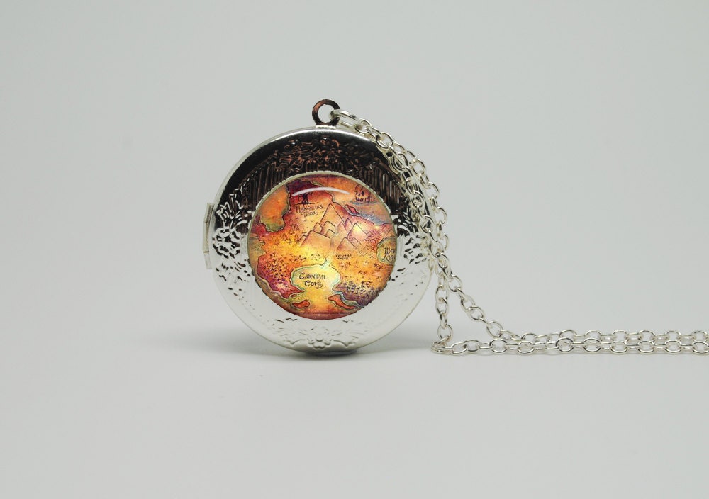Silver Glass Locket Necklace with Inspired Peter Pan Map