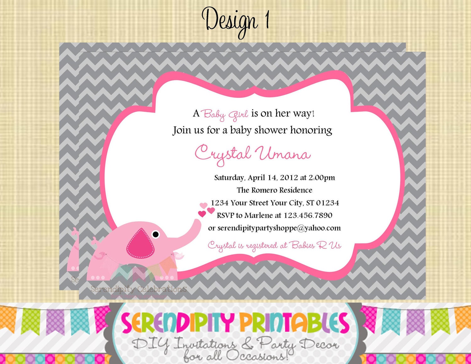 Pink and Grey Elephant Heart Invitation - Use for Birthday, Baby Shower, Birth Announcement