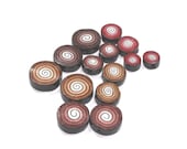Polymer Clay set of round beads, unique spirals pattern in brown, gold, bronze and black, elegant flat beads in different size, set of 14