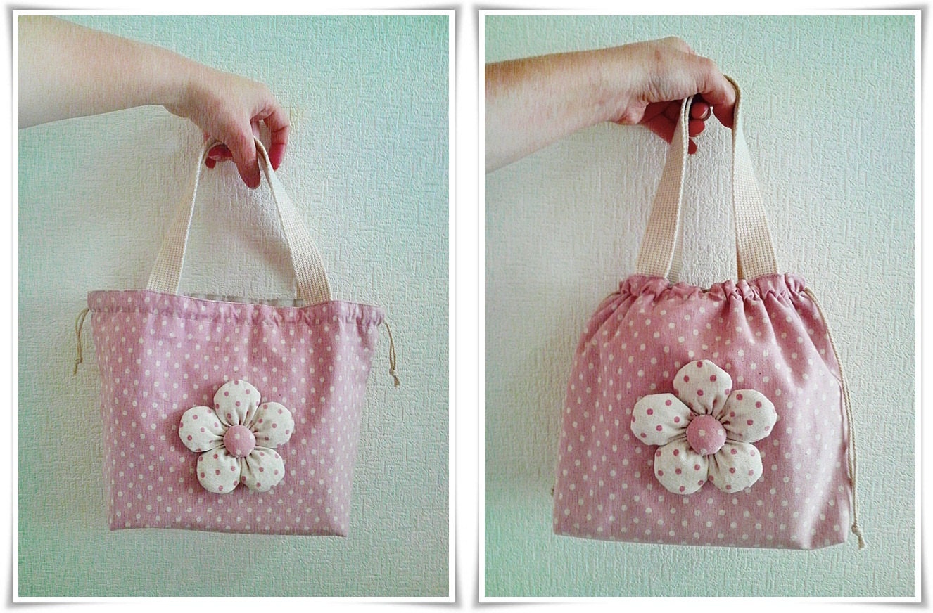 Drawstring bag or tote with handmade puffy flower