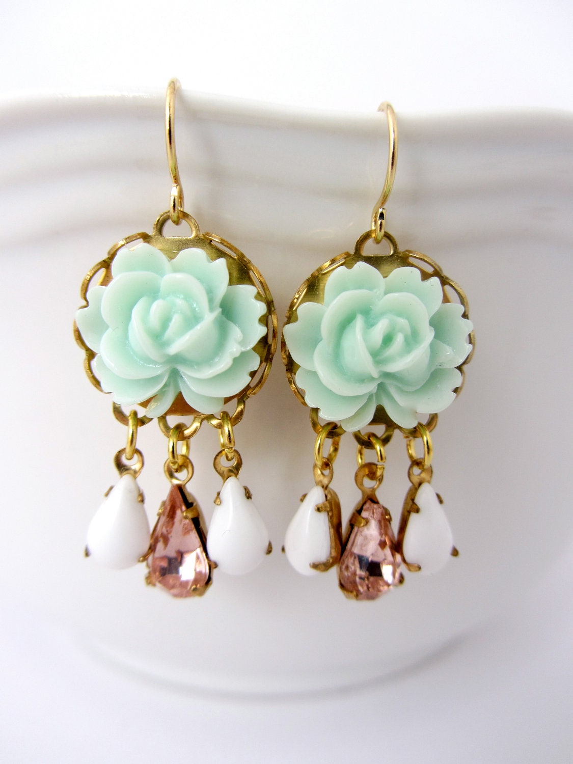 Mint Green Rose Earrings, Vintage Pink & White Teardrops, Chandelier Resin Rose Earrings, Flower Dangle Earrings