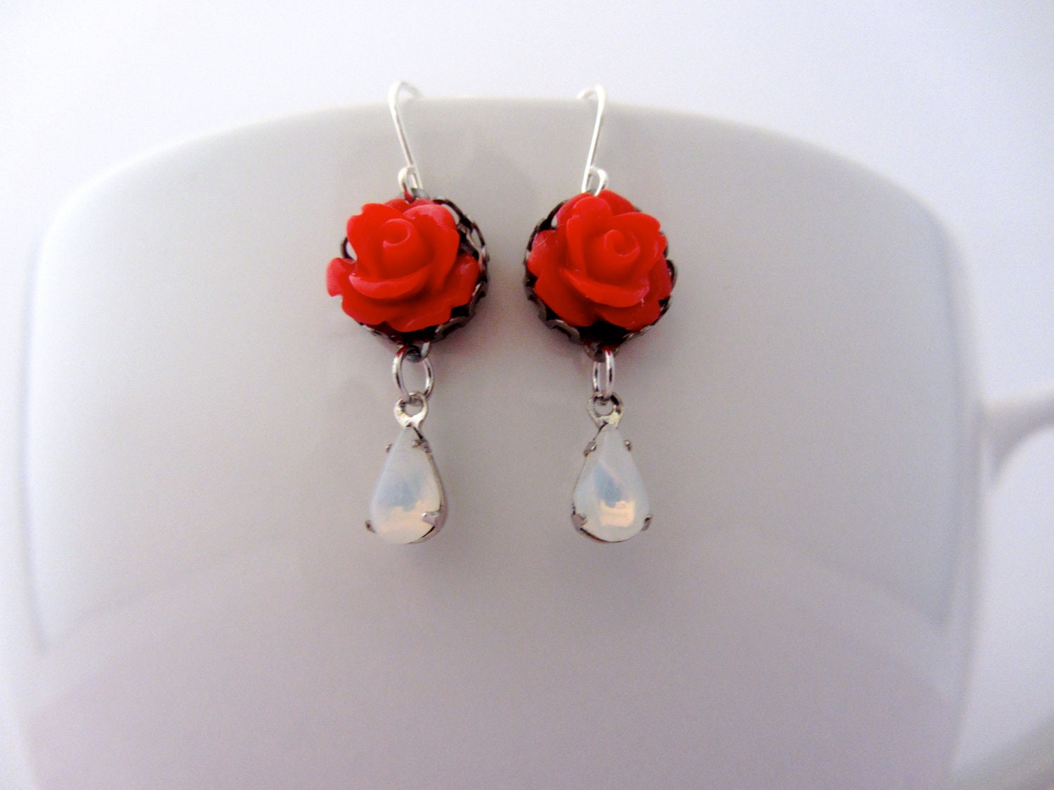 Red Rose Earrings, Vintage Opal Teardrop, Dangle Earrings, Flower Earrings