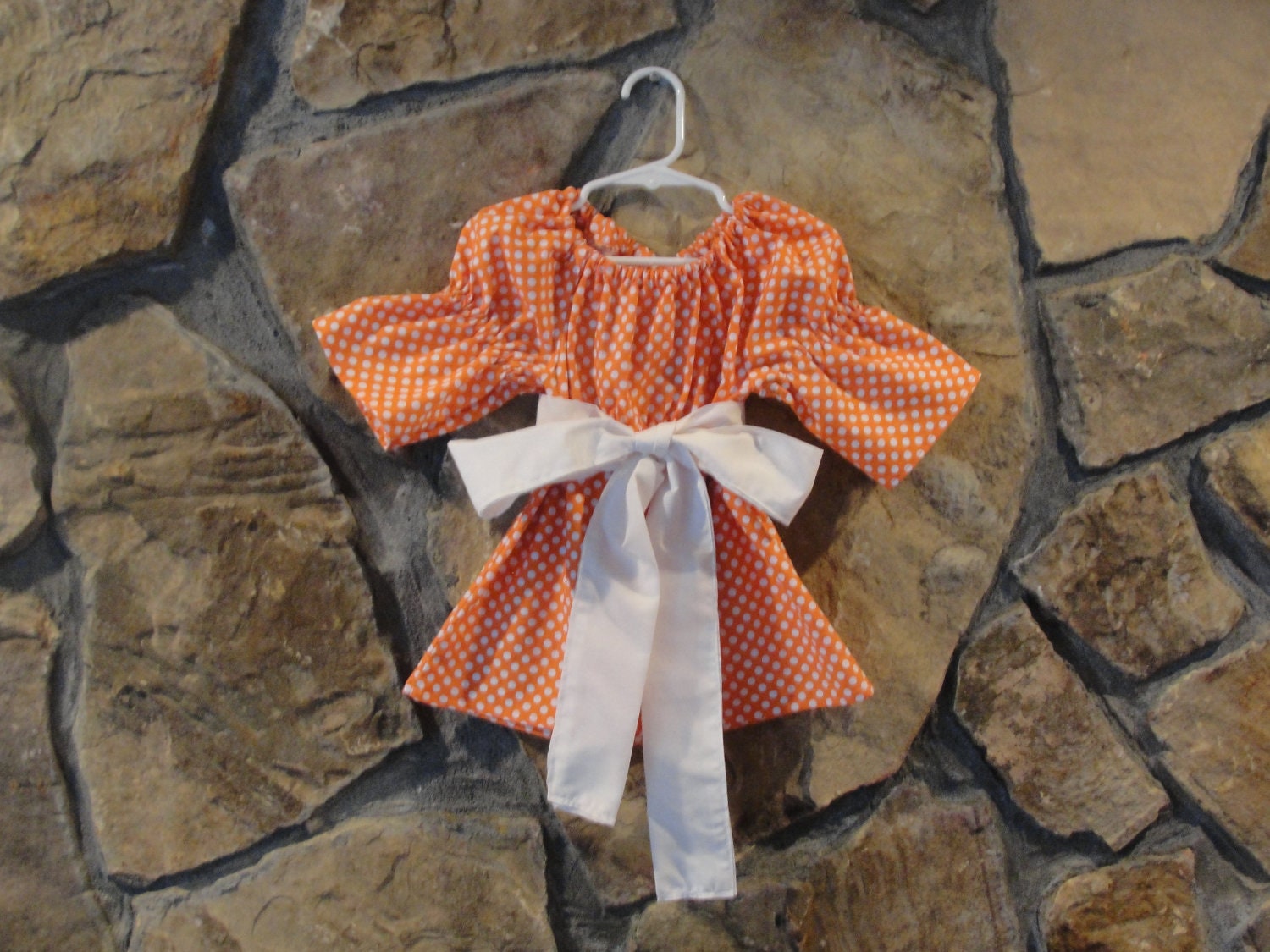 Orange & White Riley Blake Polka Dot  Peasant Top Bell Sleeves with white sash University of Tennessee Vols gameday Perfect for Fall