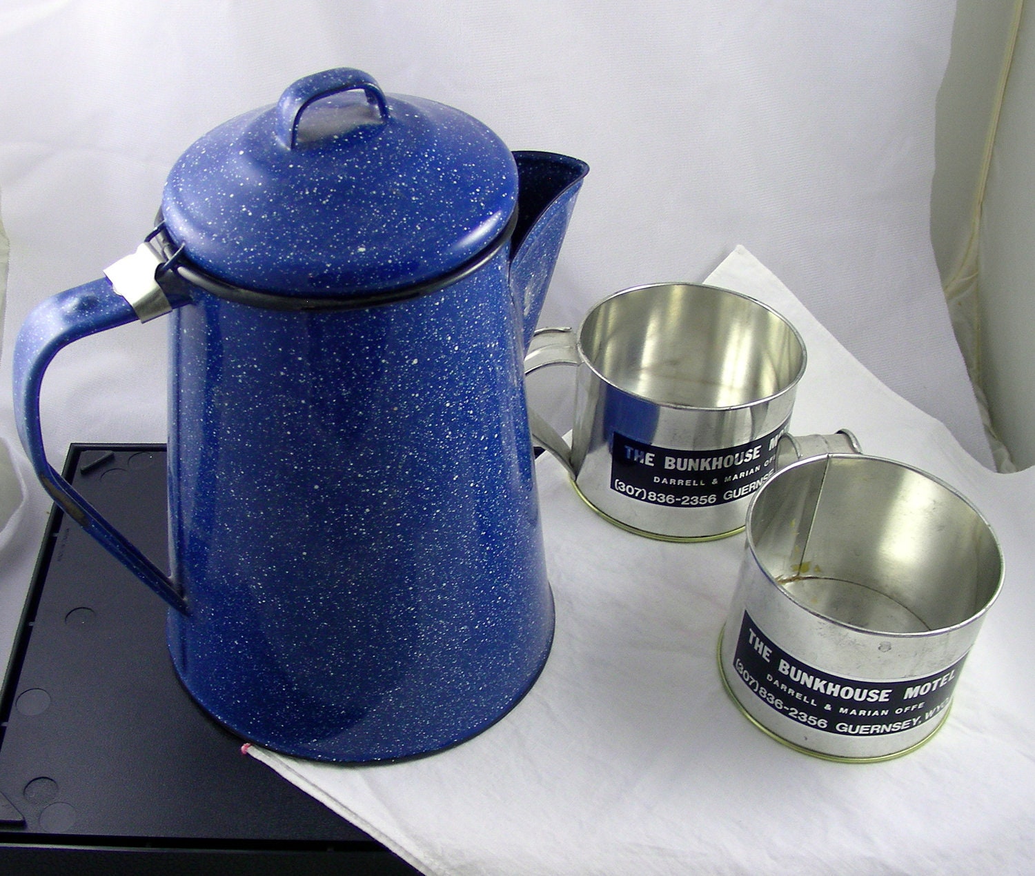 Blue Enamel Coffeepot with Cups - Reserved for Liz