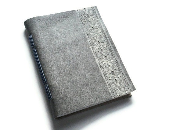 Grey Leather Journal with Lace - Handstitched Handbound Blank Book Notebook - Mothers Day or Easter Gift - Rustic Travel Journal - reneweduponadream
