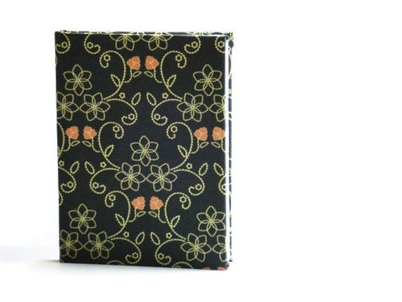 Handbound Journal Notebook - Fabric Cover in Brown with Yellow & Peach Flowers - First Anniversary Paper Gift Case Binding Blank Book