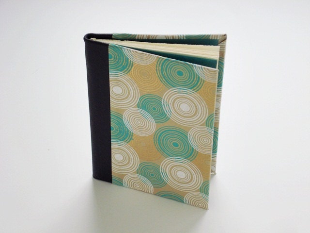 Quarter Leather Jotter - First Anniversary Paper Gift - Handbound Journal - Metallic Circles in Gold & Teal with Purple Leather