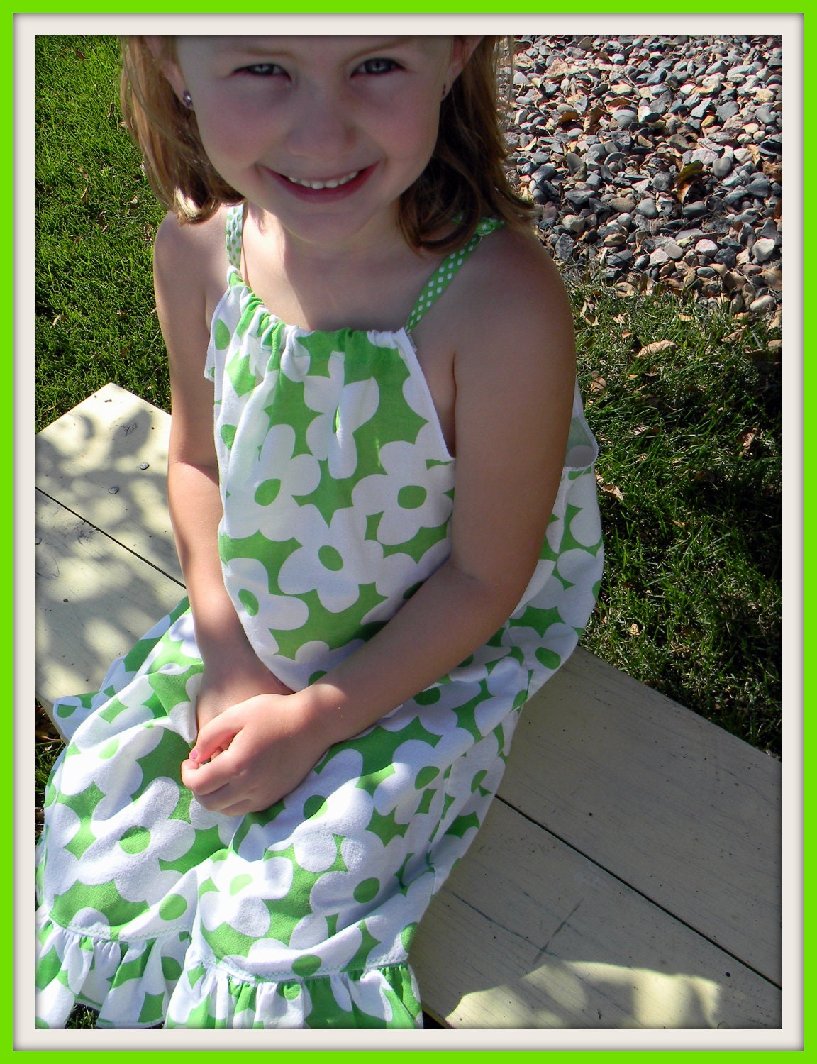 White and Lime Flowered Upcycled Pillowcase Dress