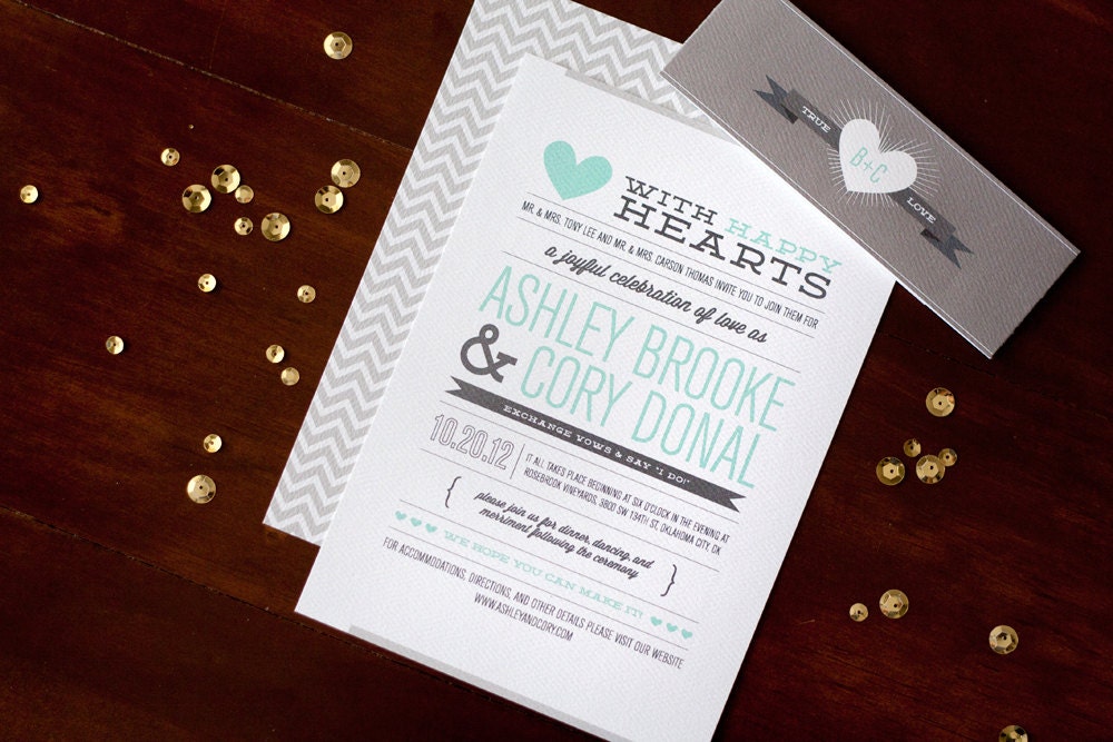 Wedding Invitation SET -- Chevron "Modern Love Story" -- 50 Invites, RSVP Postcards and Bellybands