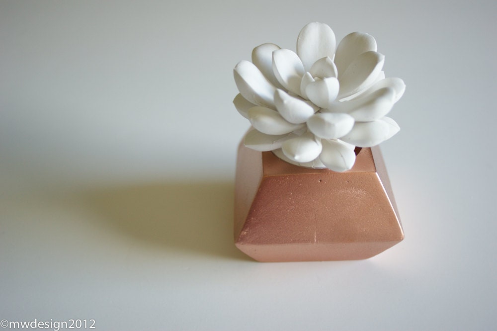 White Succulent Sculpture in Modern Faceted Container, Desktop Accessory, Tabletop Centerpiece