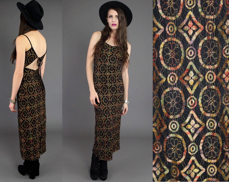 Vtg 90s Crochet Lace Ombre Grunge Goth Cutout Backless Maxi Dress M