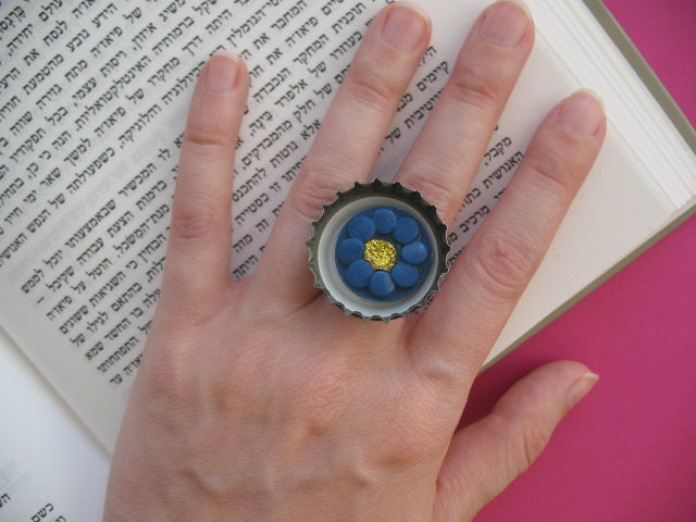 Bottle Cap Ring With Blue Button - Recycled Materials - Adjustable Ring - For Fashion Lovers