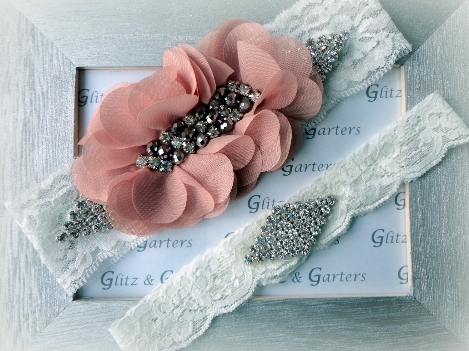 Wedding Garter Set - IVORY Lace Bridal Garter Elegant PINK Chiffon Flower SILVER Rhinestone Show Garter & Rhinestone Diamond Toss Garter
