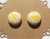 Yellow and Lace Fabric Button Earrings - Hypoallergenic Post