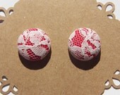 Red and Lace Button Post Earrings - Fabric Covered Button Earrings- Hypoallergenic Post - Valentine's Day