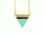 Minimalist Geometric Triangle Necklace - Black and Seafoam Mint Green Hand Dyed Lined Modern Brass Jewelries  - Gold Plated Chain